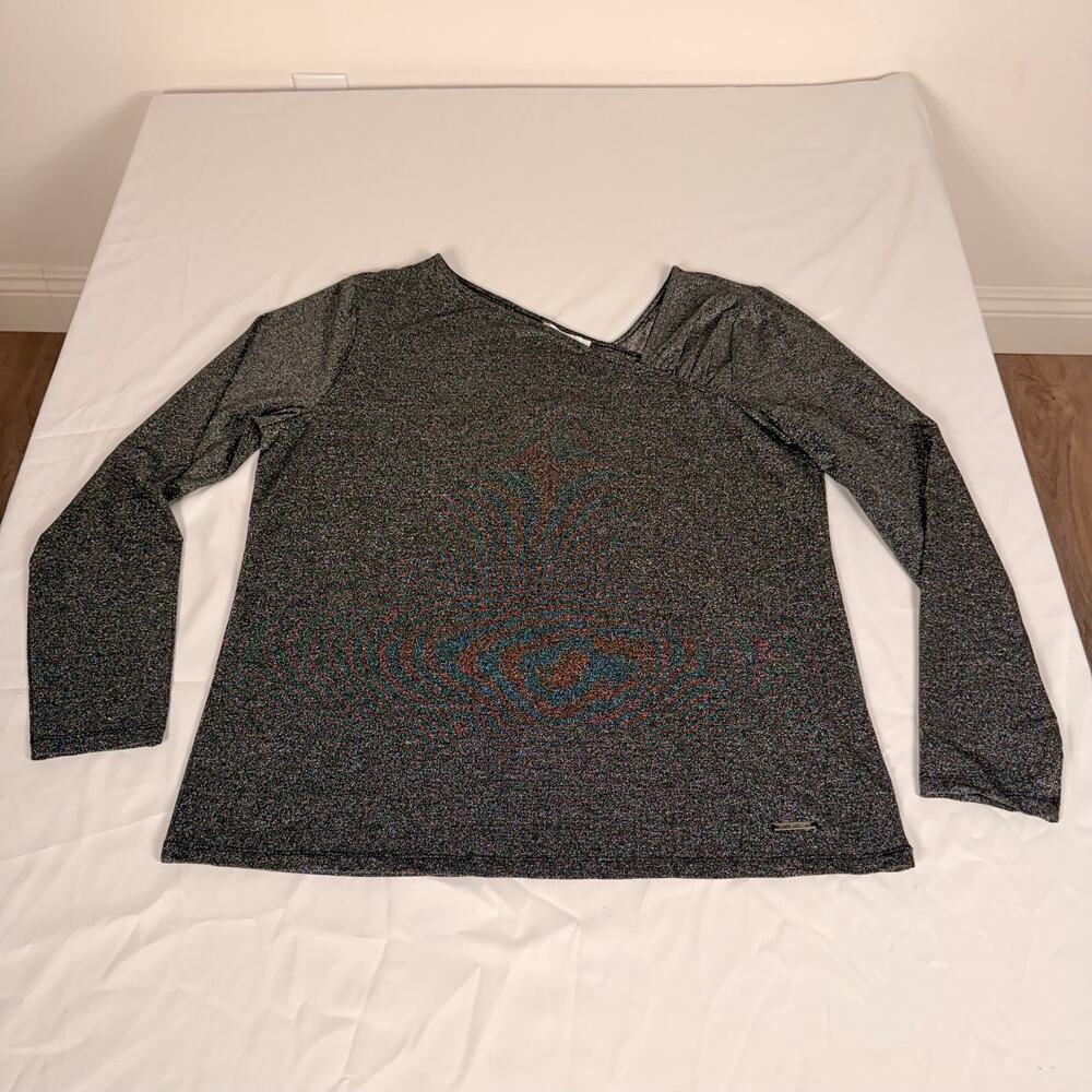Nine West Metallic Charcoal V-Neck Long Sleeve Top XL — New With Tags